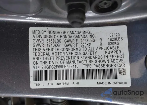 2020 Honda Civic Lx z USA, uszkodzony, nr VIN 2HGFC2F69LH569410